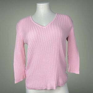 CASLON Pink V-neck 3/4 Sleeve Pleated Knit Sweater | Large (R5-022)
